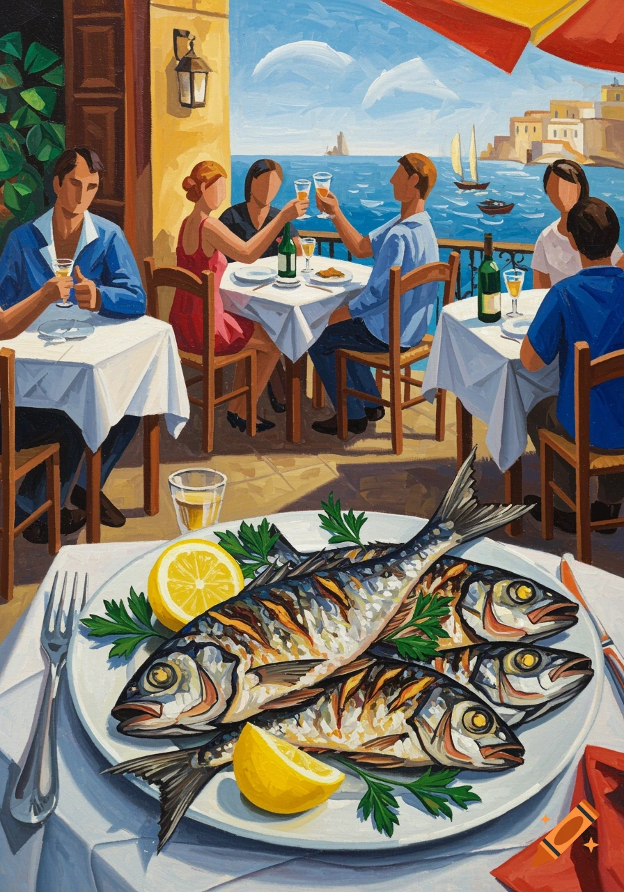 Abstract painting of a Mediterranean seafood restaurant with grilled fish on a plate in the foreground and people dining by the sea.