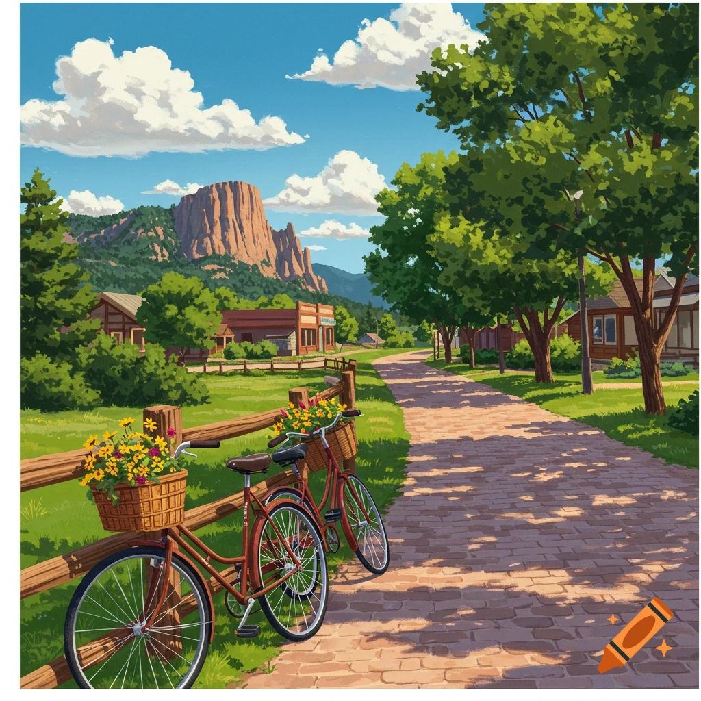 Illustrated landscape with two bicycles on a fence by a brick path, green trees, and distant mountains under a blue sky.