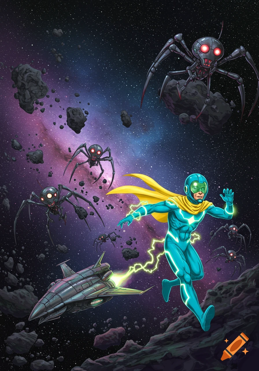 A superhero in a blue suit and yellow cape escapes spider-like aliens and a spaceship in a vibrant space scene with asteroids.
