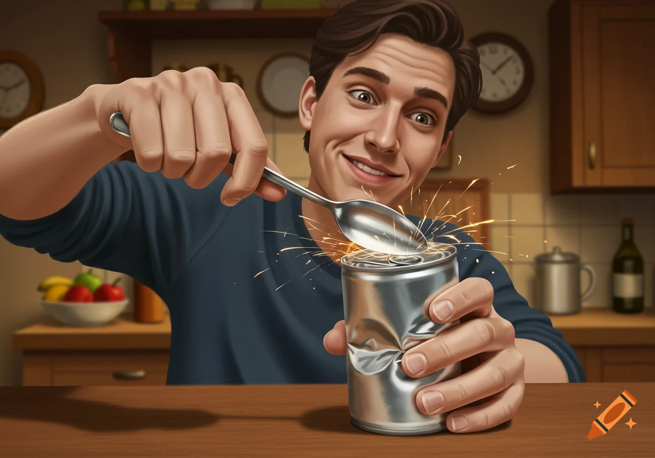 An illustrated man in a kitchen, smiling and intensely rubbing a spoon against a dented metal can, causing sparks to fly.