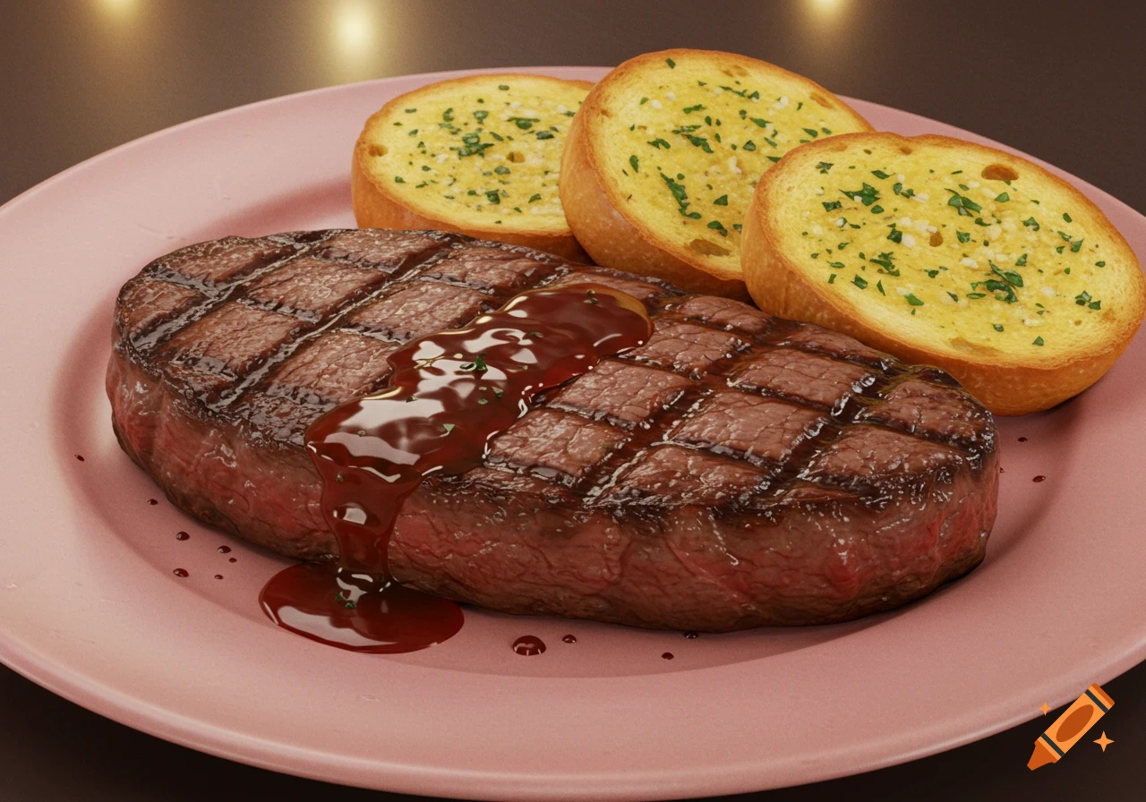 A medium-rare steak with sauce and two slices of garlic bread on a pink plate, photorealistic style.
