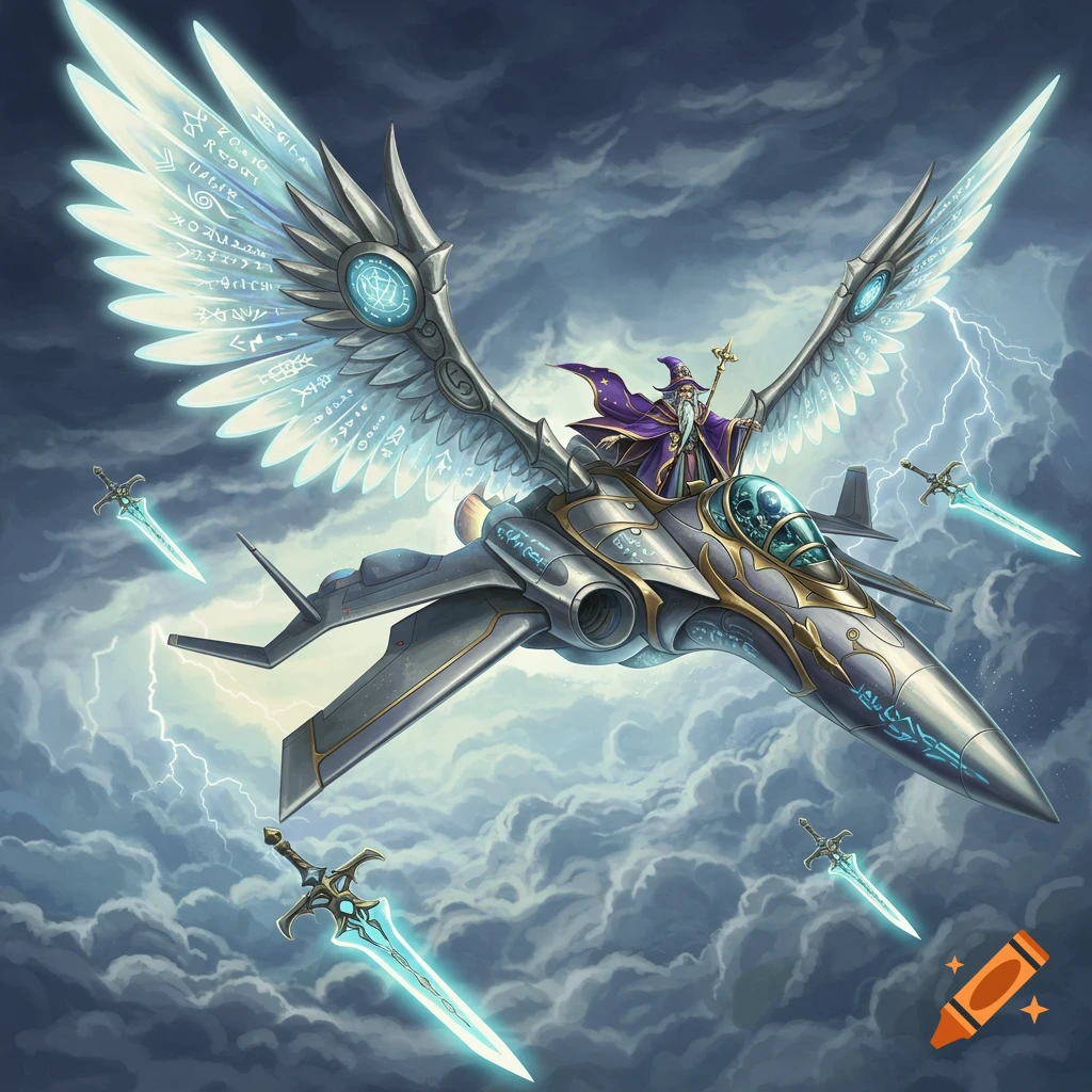 A wizard flies a winged, magical jet through a stormy sky with glowing swords. Fantasy digital art.