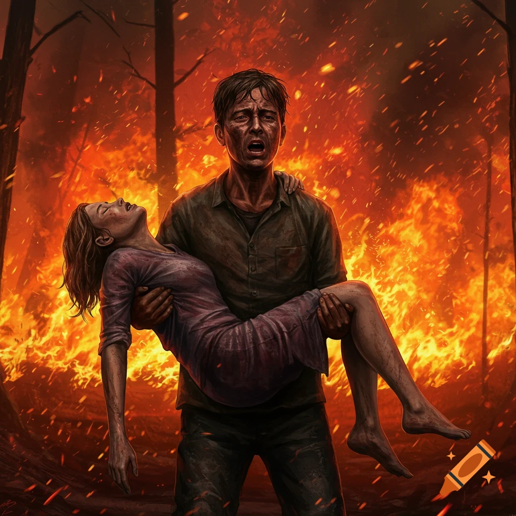 A man carries an unconscious woman through a burning forest, depicted in a dramatic illustration.