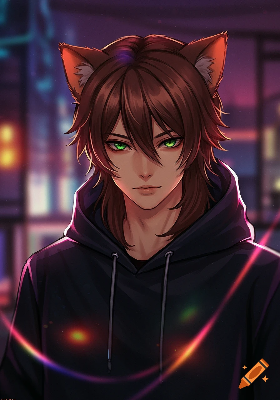 Anime portrait of a catboy with brunette hair, green eyes, and a black hoodie against blurry city lights.