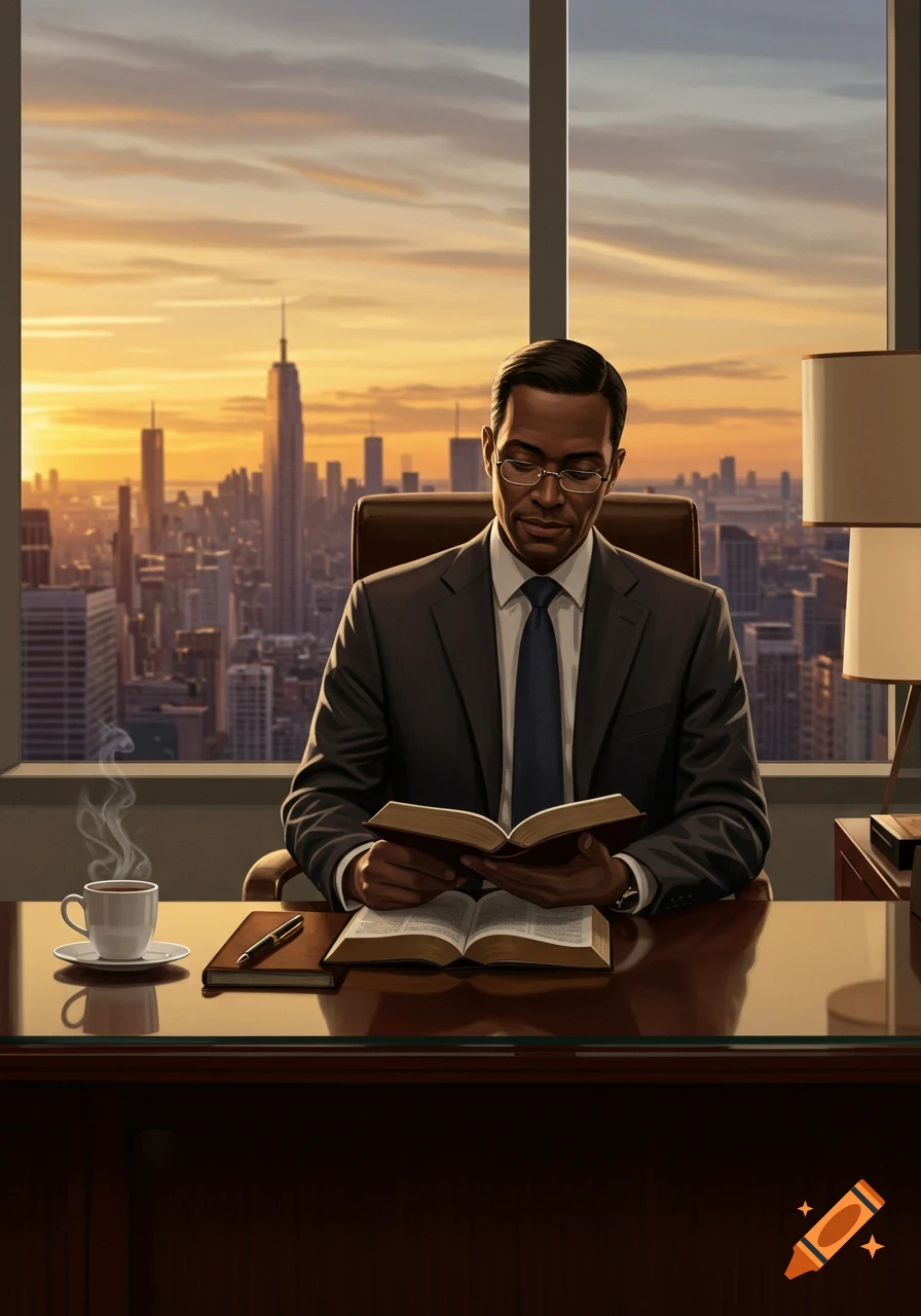 A photorealistic image of a businessman in a suit reading a book at his desk in a high-rise office with a city skyline at sunset.