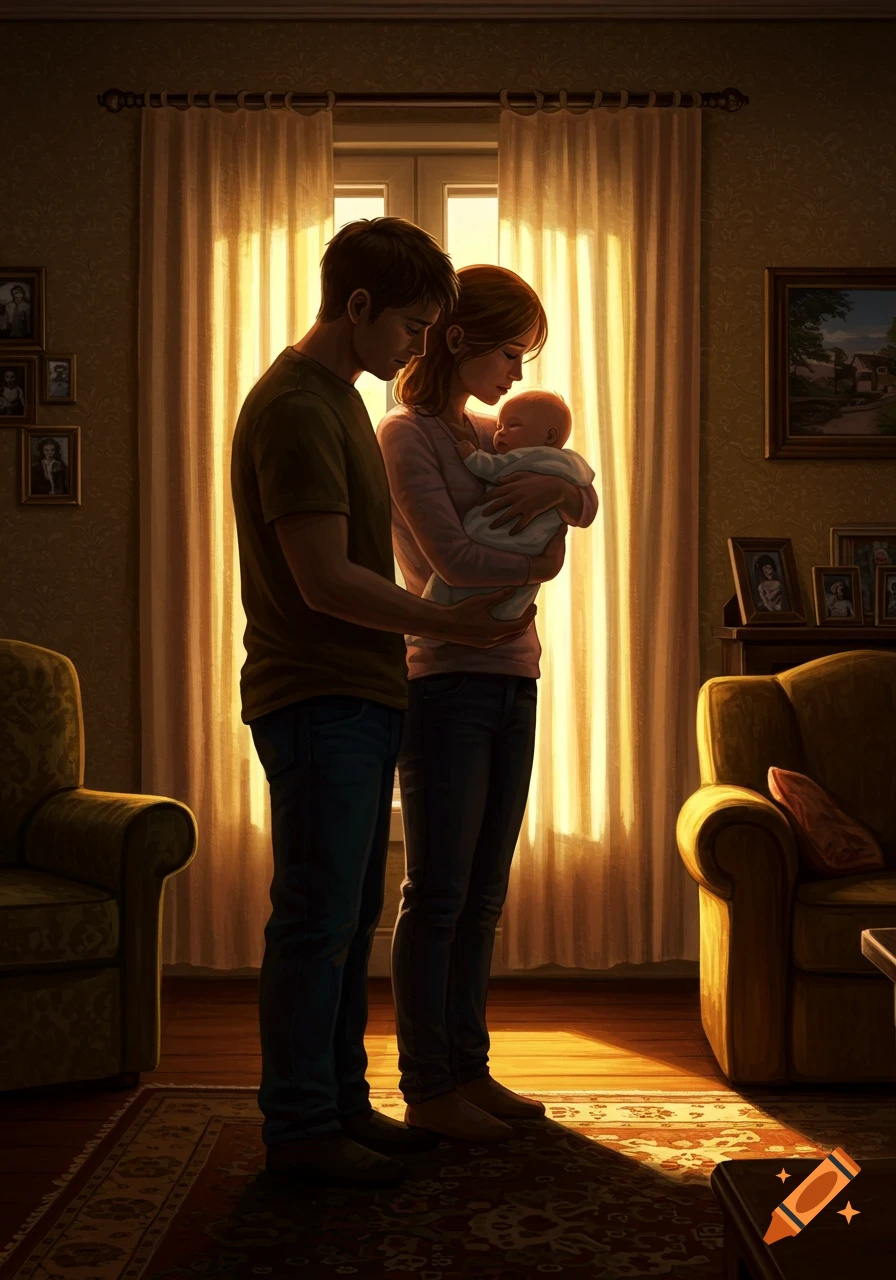 A couple stands silhouetted by a bright window, the woman holding a sleeping baby, in a warm, dimly lit room.