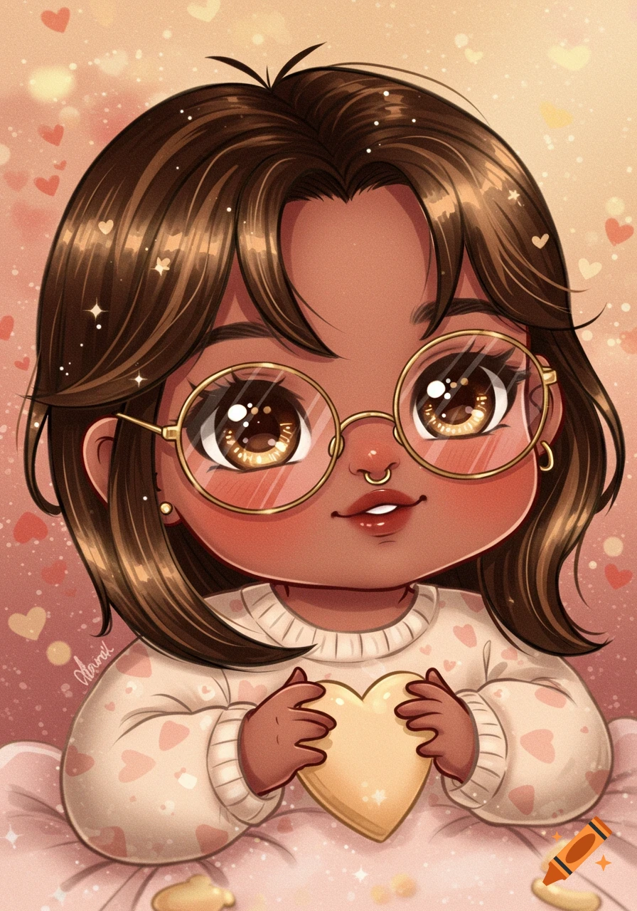 A chibi-style portrait illustration of a child with brown hair, glasses, and a nose ring, holding a gold heart with both hands. The background is pink with small hearts.