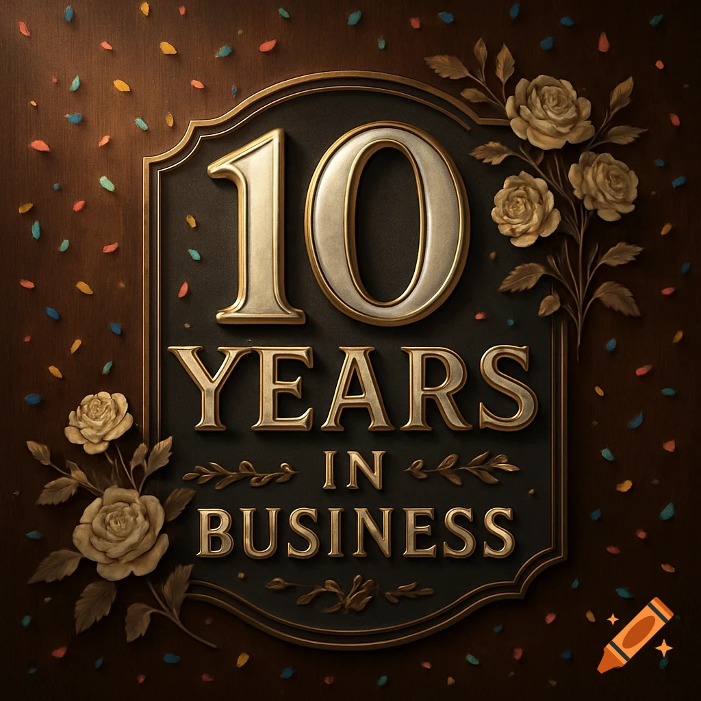 A decorative sign with gold and silver lettering reading '10 YEARS IN BUSINESS', adorned with roses on a dark wooden background.