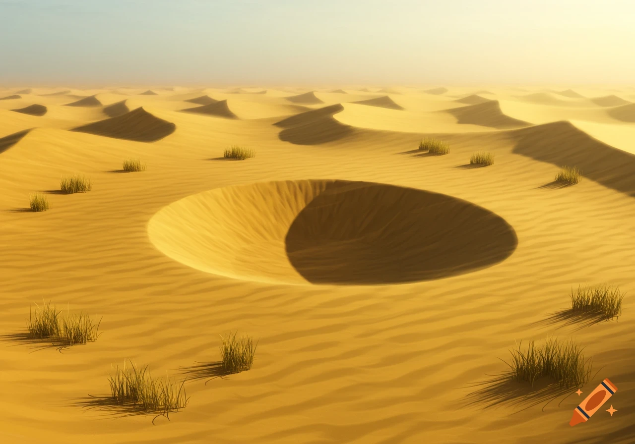 A desert landscape with golden sand dunes, green grass, and a large oval depression.