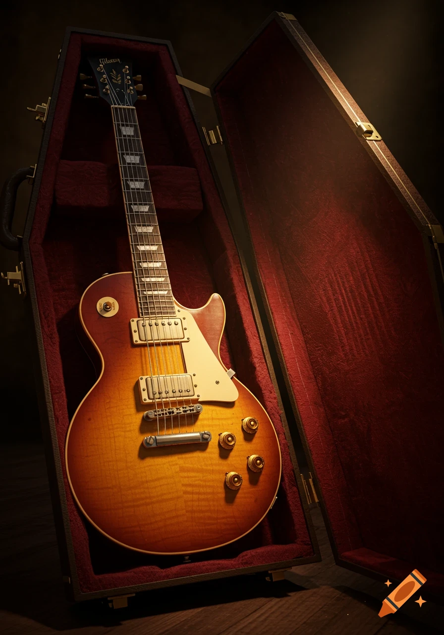 A sunburst Gibson Les Paul electric guitar rests in an open, red velvet-lined hard case.