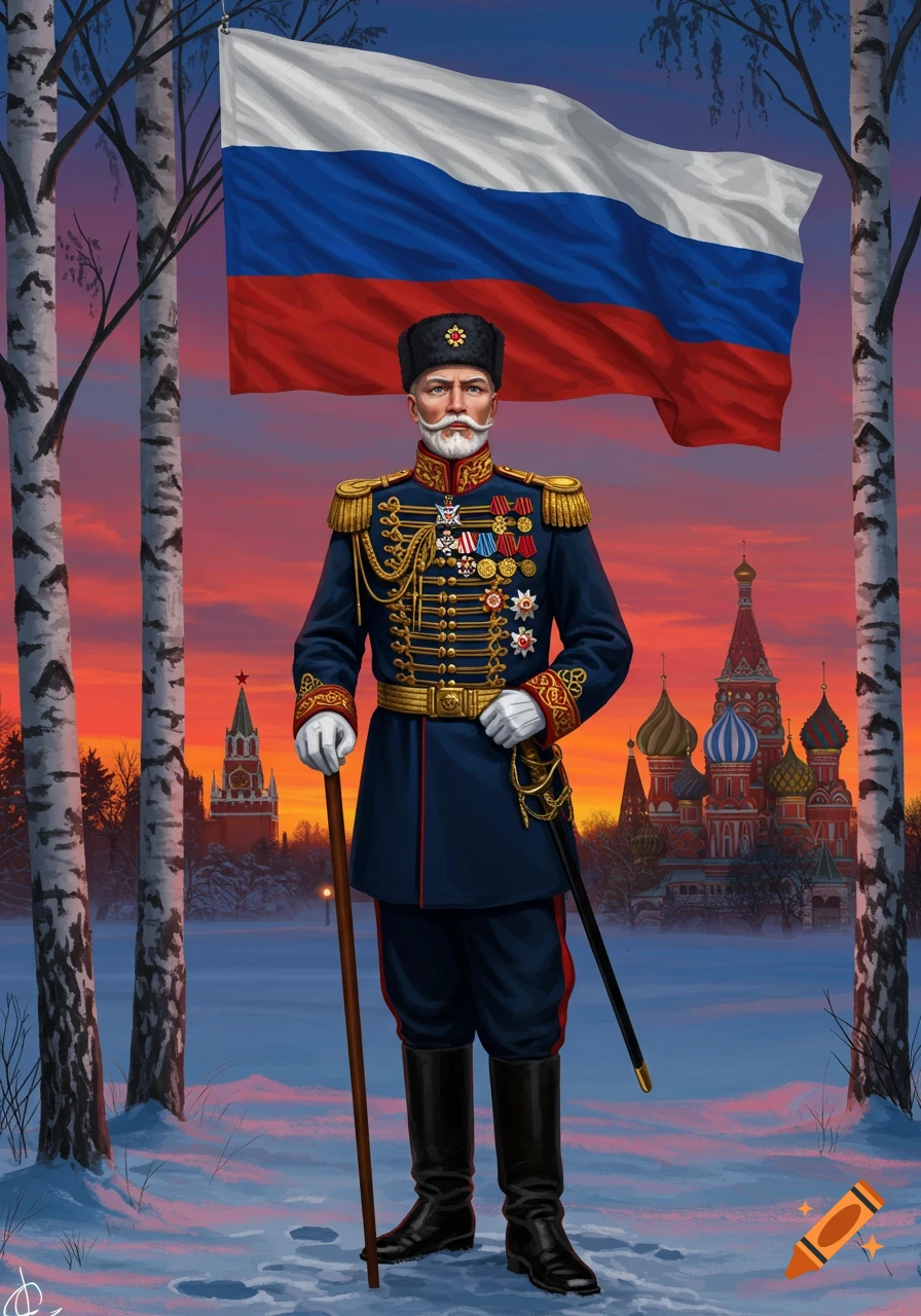 A man in a detailed blue and gold military uniform with medals stands in a snowy landscape with a large Russian flag and Russian architecture under a sunset sky, in an illustrative style.