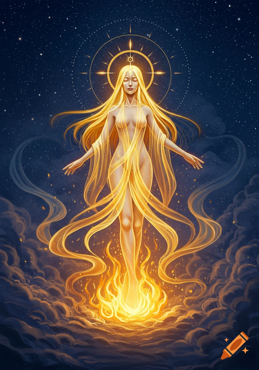 A radiant golden-haired goddess figure stands in flames, surrounded by swirling golden light and stars in a night sky.