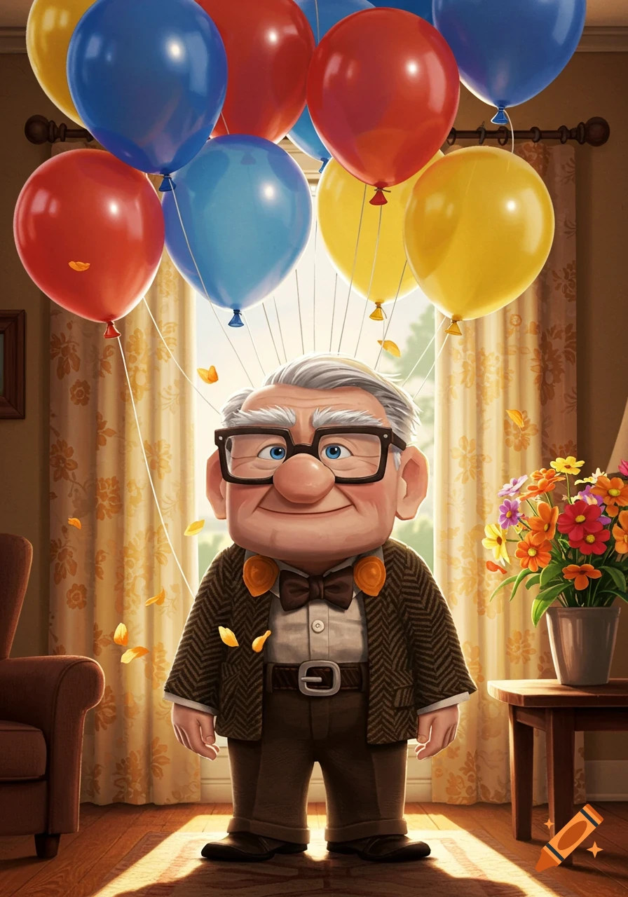 A smiling cartoon old man resembling Carl Fredricksen from Up stands in a living room, surrounded by colorful balloons.