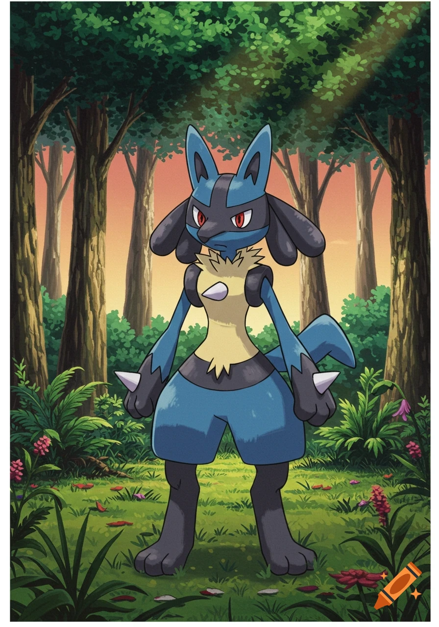 Lucario walking in a forest in a 1990s anime style.