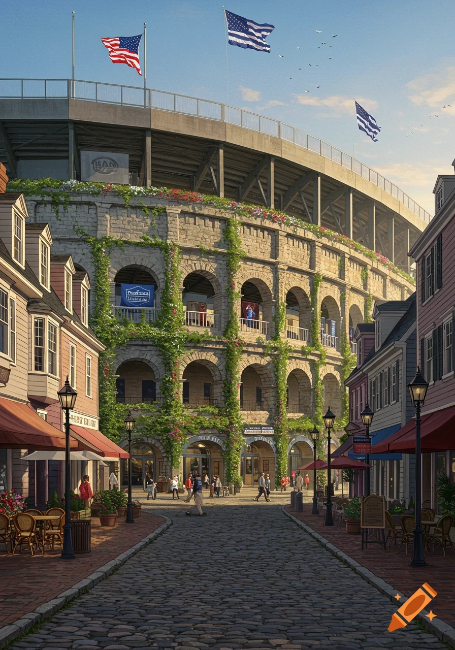 A cobblestone street leads to a stadium built in the style of the Roman Colosseum, with ivy-covered stone arches and American flags flying above. Historic-looking buildings with awnings line the street.