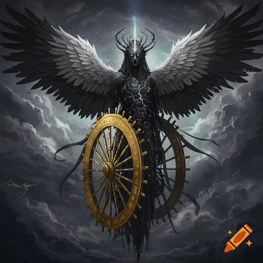 A dark angel-like figure with large wings and a horned crown stands holding two golden, runic wheels against a cloudy, starry sky.