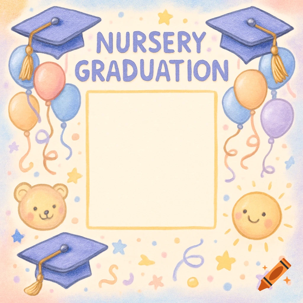Whimsical illustration for Nursery Graduation with frame, caps, balloons, teddy bear, sun, and stars.