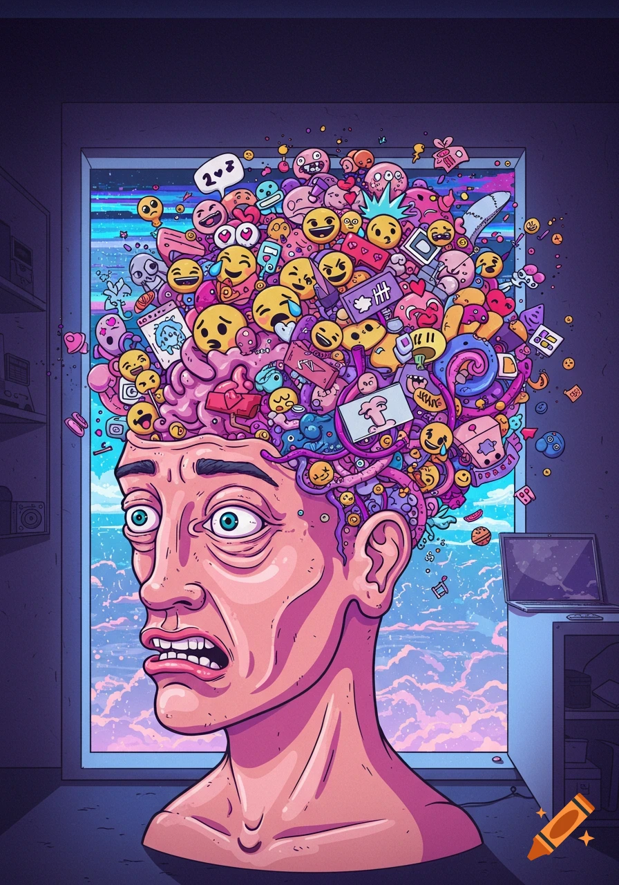 Surreal cartoon illustration of a man with an open head overflowing with emojis, social media icons, and colorful abstract elements, against a vibrant sky.