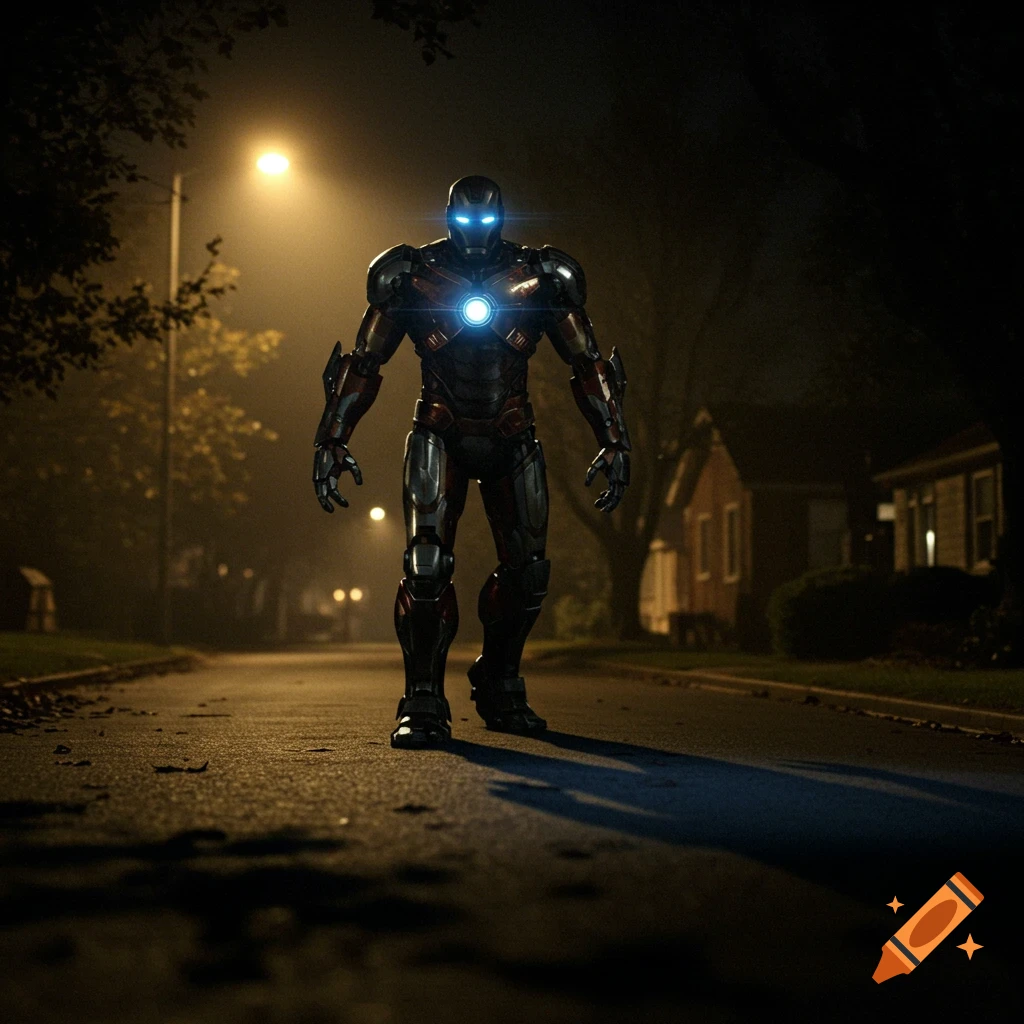 An armored superhero-like figure with glowing blue eyes and chest stands on a dimly lit suburban street at night.