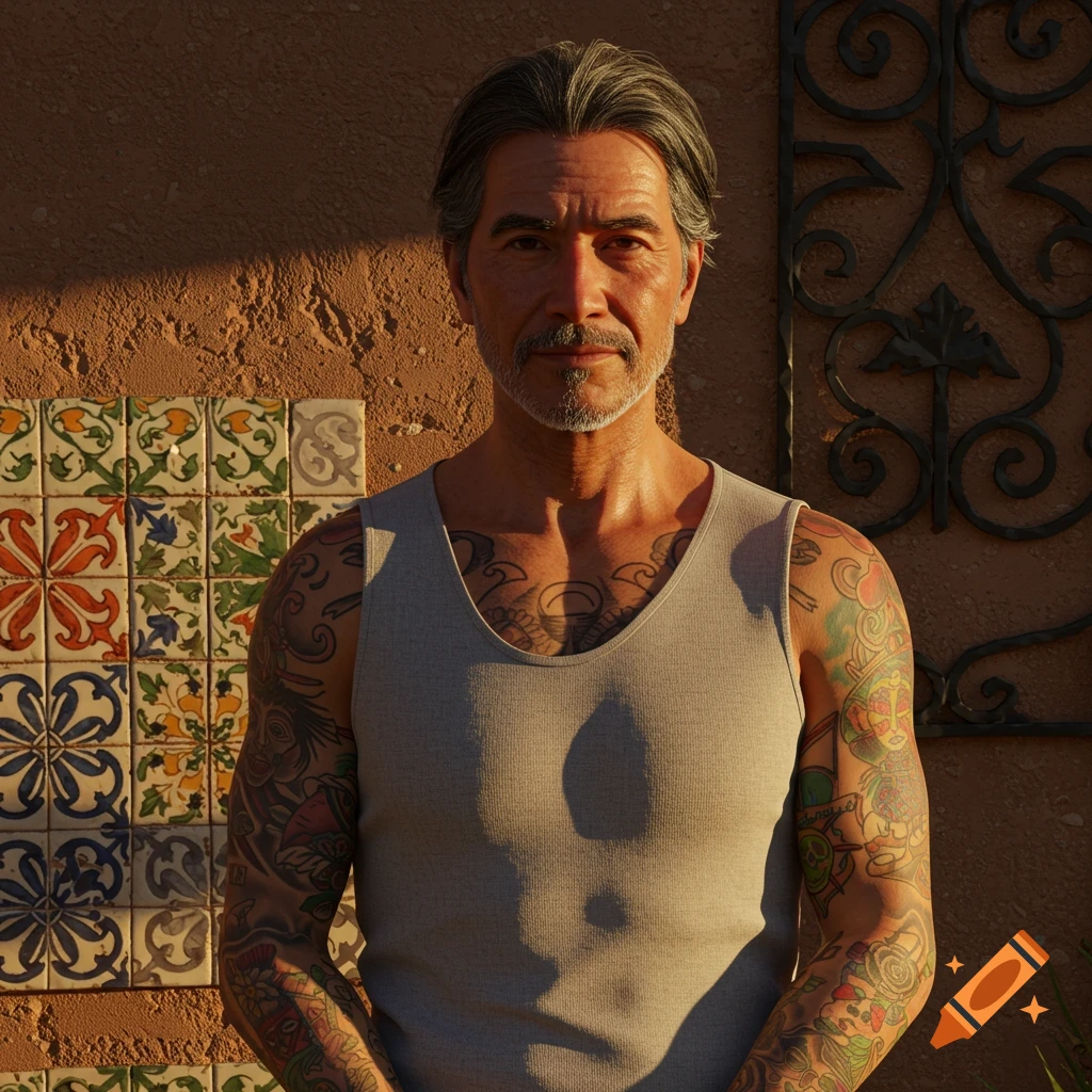Photorealistic portrait of a middle-aged Mexican American man with arm tattoos, wearing a tank top, against a tiled wall.