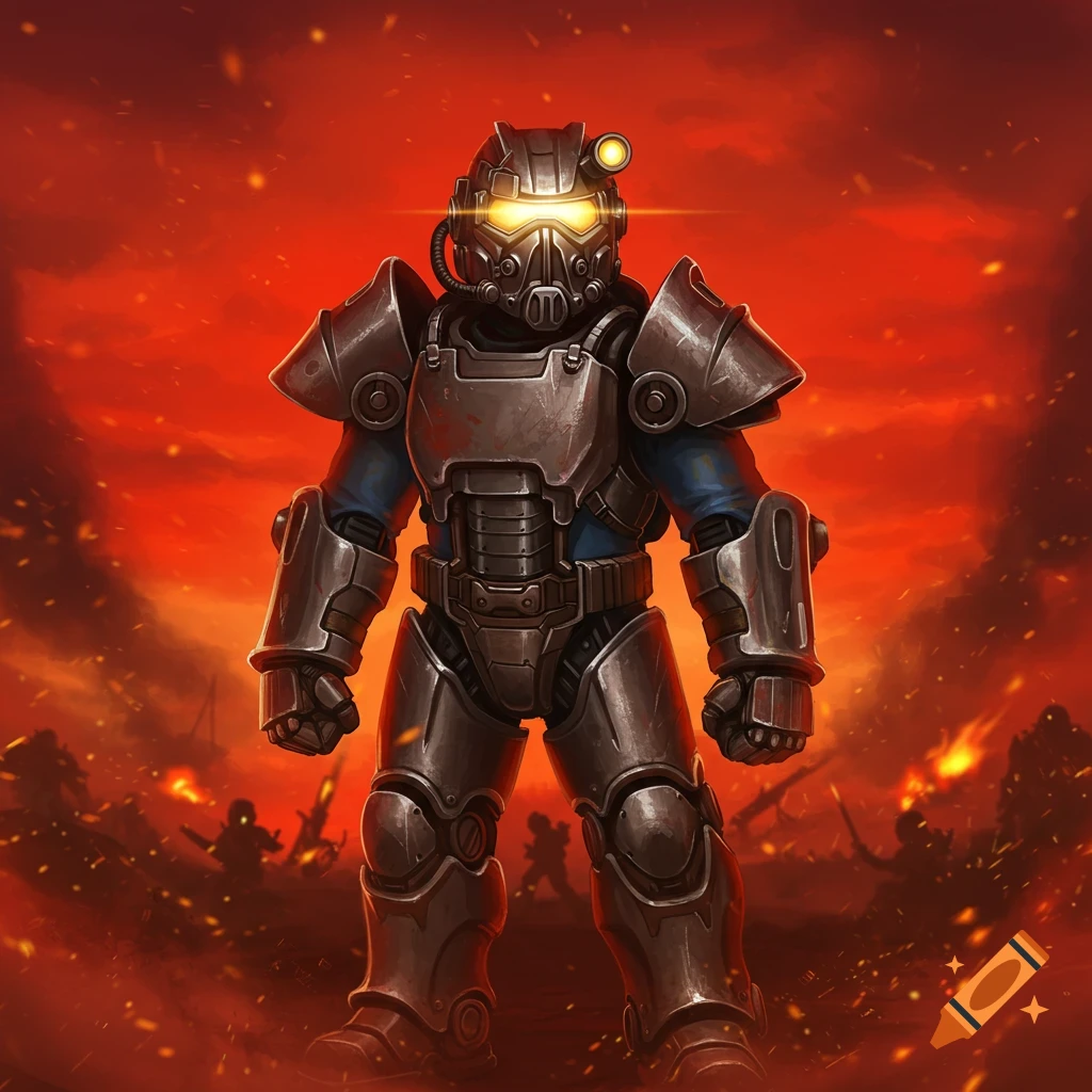 Fallout Power Armor in Orange Color created on Craiyon, image size:1024x1024