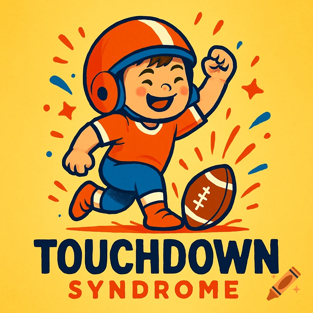 A cheerful cartoon child in a football uniform runs with a football. Text reads 'TOUCHDOWN SYNDROME'.