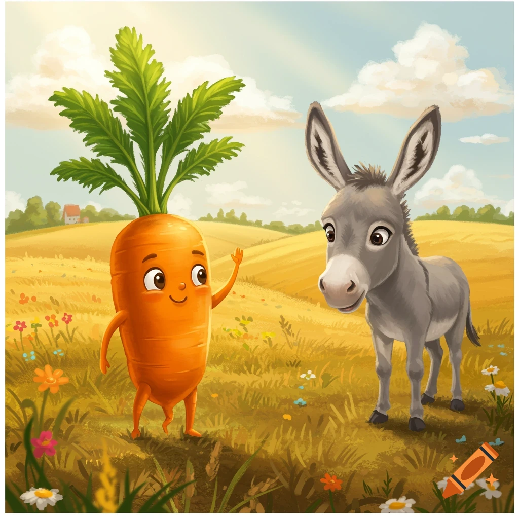A cheerful cartoon carrot with a face and arms waves at a gray donkey in a sunny, golden field with wildflowers.