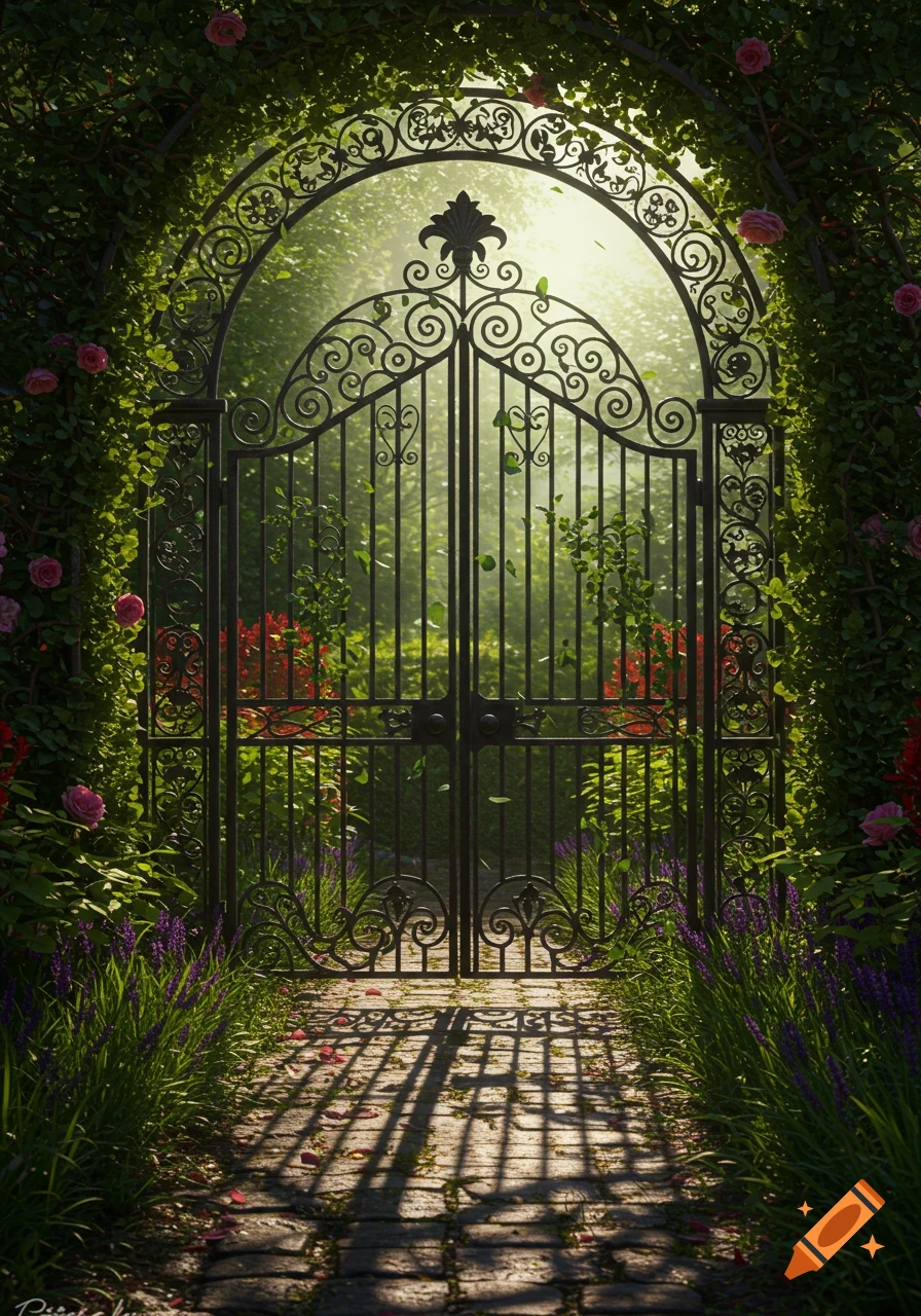 A detailed photorealistic image of an ornate black iron gate, covered in green vines and pink roses, opening into a sunlit garden path.