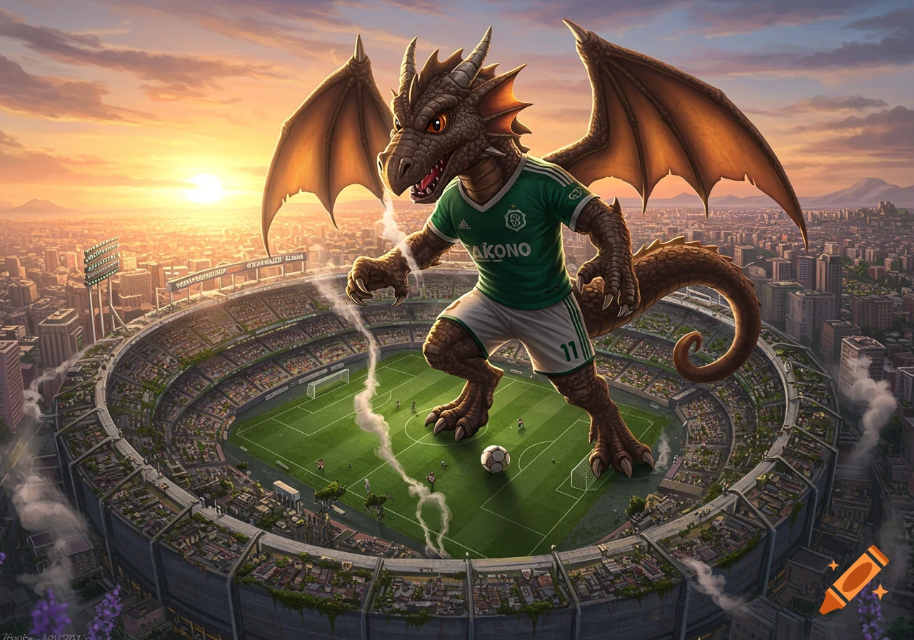 A giant brown dragon in a green soccer uniform stands on a stadium field, which is surrounded by stands filled with tiny buildings, under an orange sunset.
