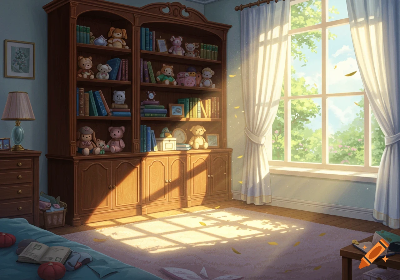 An anime-style bedroom with a wooden bookshelf full of books and stuffed animals, bathed in sunlight from a large window.