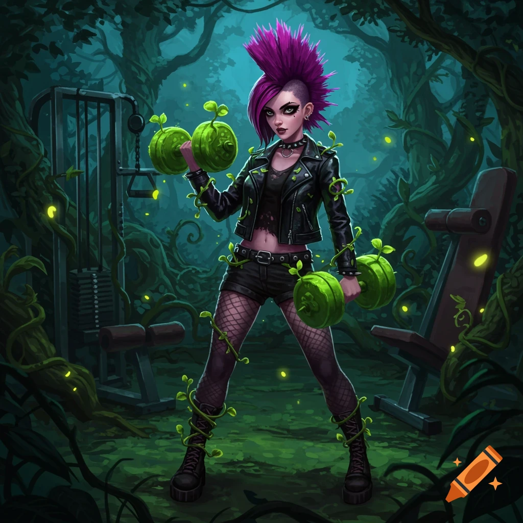 A punk girl with a purple mohawk and leather jacket lifts sprout-shaped dumbbells in an overgrown, mystical forest gym. Stylized art.