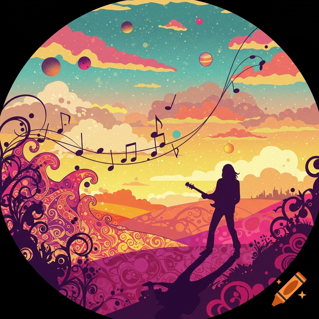 A vibrant, psychedelic 1970s LP art style image of a musician silhouette playing guitar on a patterned landscape under a starry sky with musical notes.
