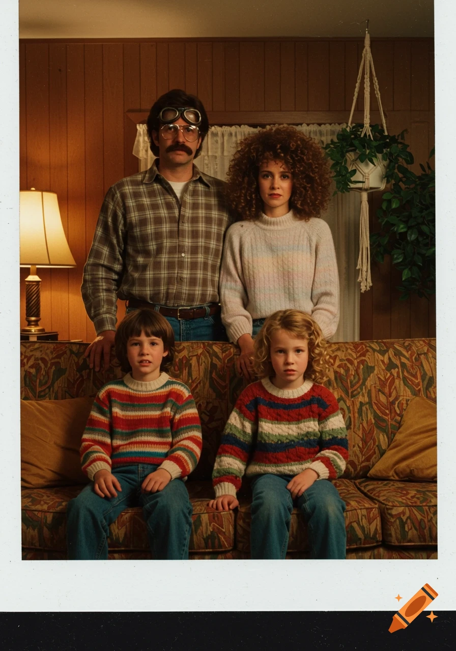 A 1980s family portrait of two adults and two children in colorful sweaters posing on a patterned couch.