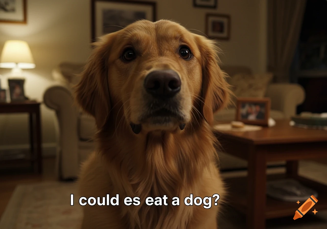 A close-up of a photorealistic golden retriever in a living room, with text 'I could es eat a dog?' below.
