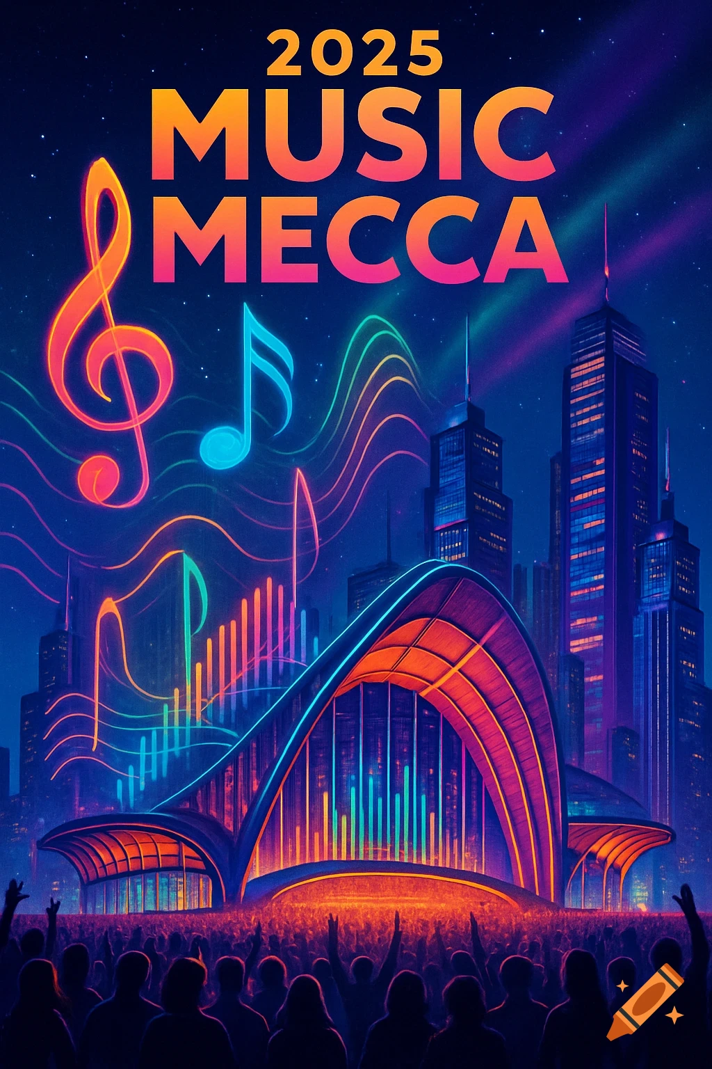 Vibrant neon poster for '2025 Music Mecca' showing a glowing cityscape, musical notes, and a large crowd.