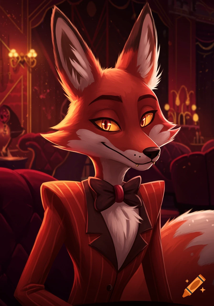 A stylized anthropomorphic red fox in a pinstriped suit and bow tie sits in a red velvet lounge.