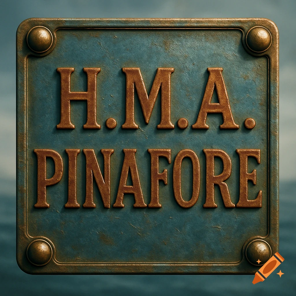 A rustic, metallic blue sign with the embossed words "H.M.A. PINAFORE" in rusty red letters, bolted at the corners.