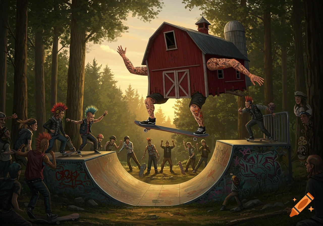 A red barn with tattooed arms and legs performs a skateboarding trick on a half-pipe in a forest, cheered on by a crowd of punk-rockers and skateboarders.