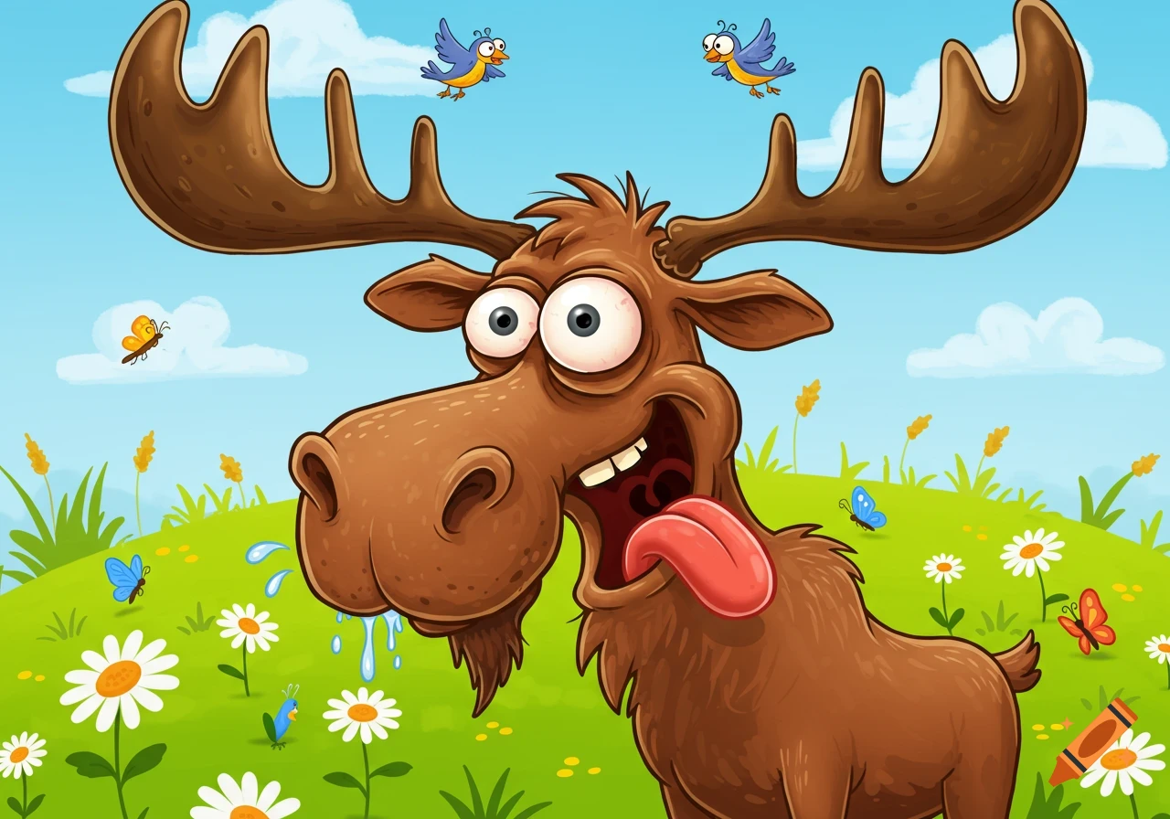 A goofy cartoon moose with wide eyes, tongue out, and drooling in a green field with daisies, birds, and butterflies.