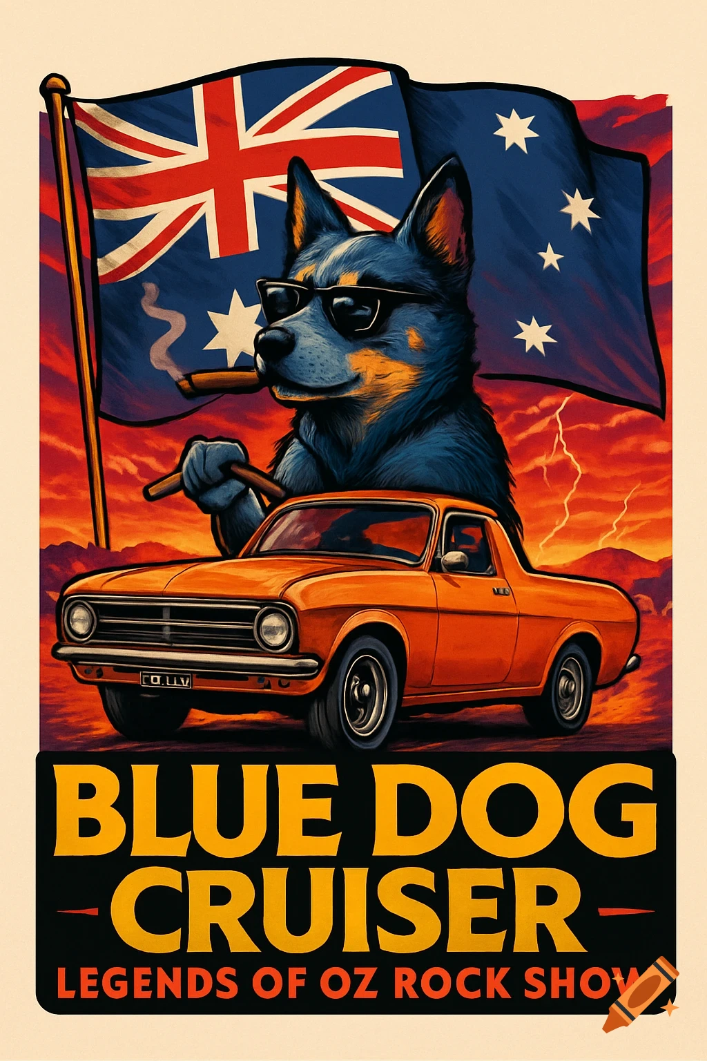 Illustrated poster of a blue heeler dog with sunglasses and a cigar, holding a cigar. It stands behind an orange Holden Ute. In the background is an Australian flag and a red-orange desert sky with lightning. Text reads "BLUE DOG CRUISER - LEGENDS OF OZ ROCK SHOW."