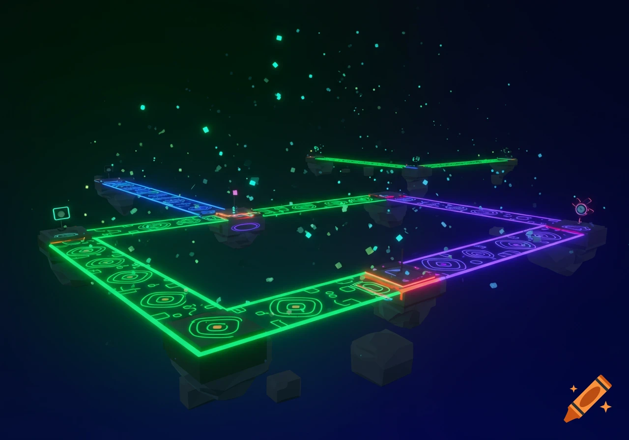 Floating neon-lit platforms in blue, green, and purple form a geometric obstacle course against a dark, starry background with glowing particles.