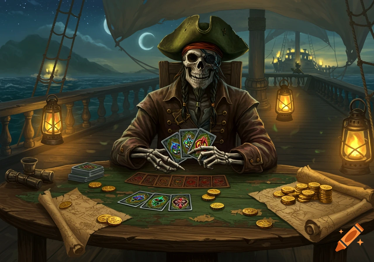 A skeletal pirate in a tricorn hat plays cards on a ship's deck at night, surrounded by gold coins and a treasure map in a detailed fantasy art style.