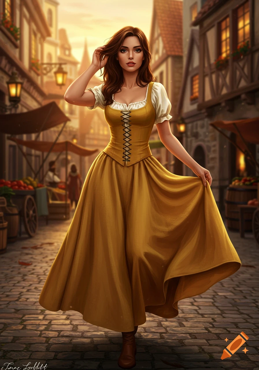 A brown-haired woman in a yellow dress and white blouse stands on a cobblestone street in a medieval village at sunset.