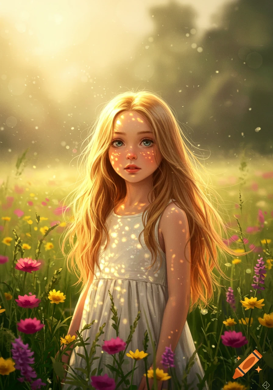 Artistic illustration of a young girl with long blonde hair standing in a field of colorful wildflowers under golden sunlight.