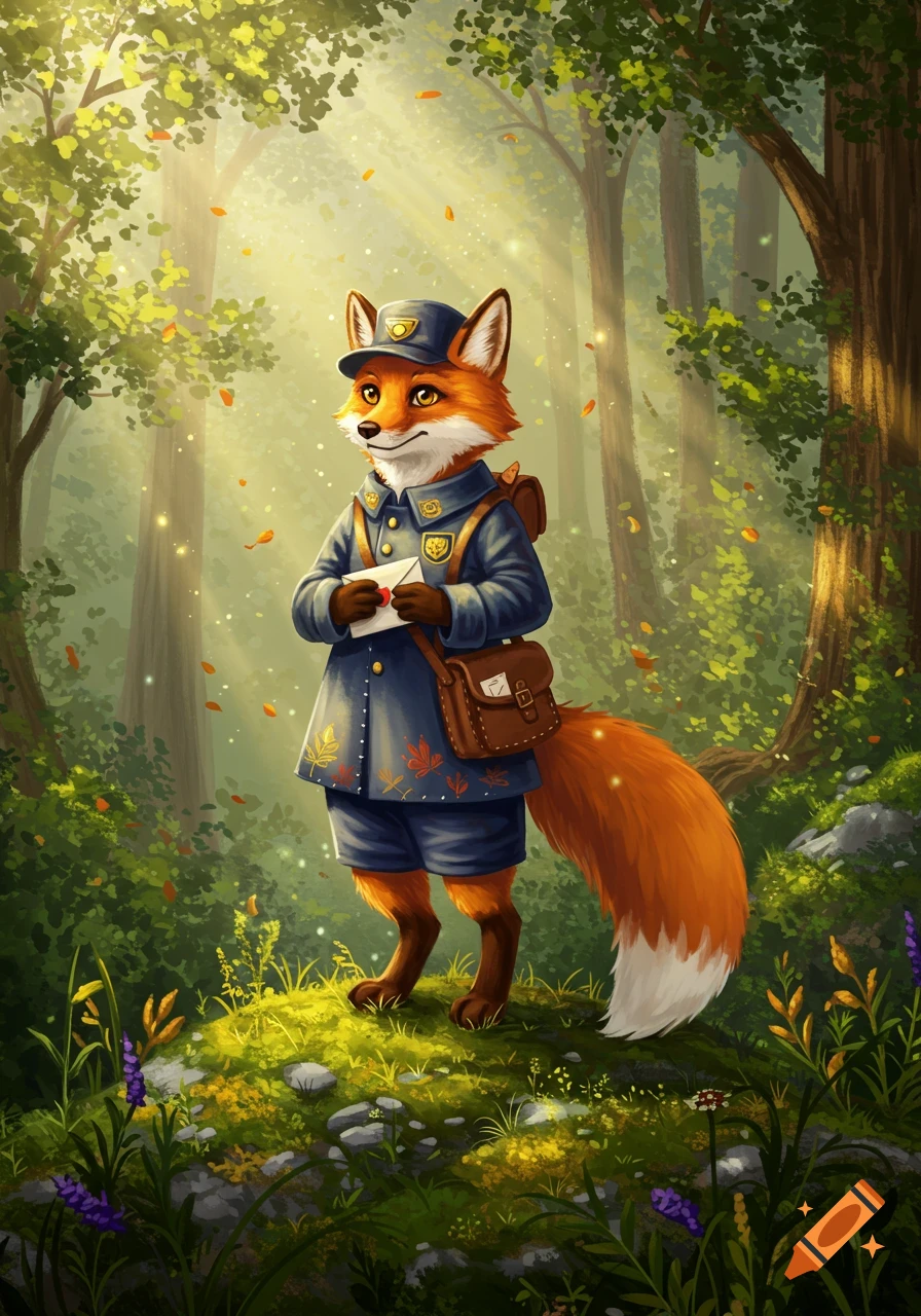 An anthropomorphic fox postman in a blue uniform and cap holds an envelope while standing in a sun-dappled forest with glowing specks and falling leaves.