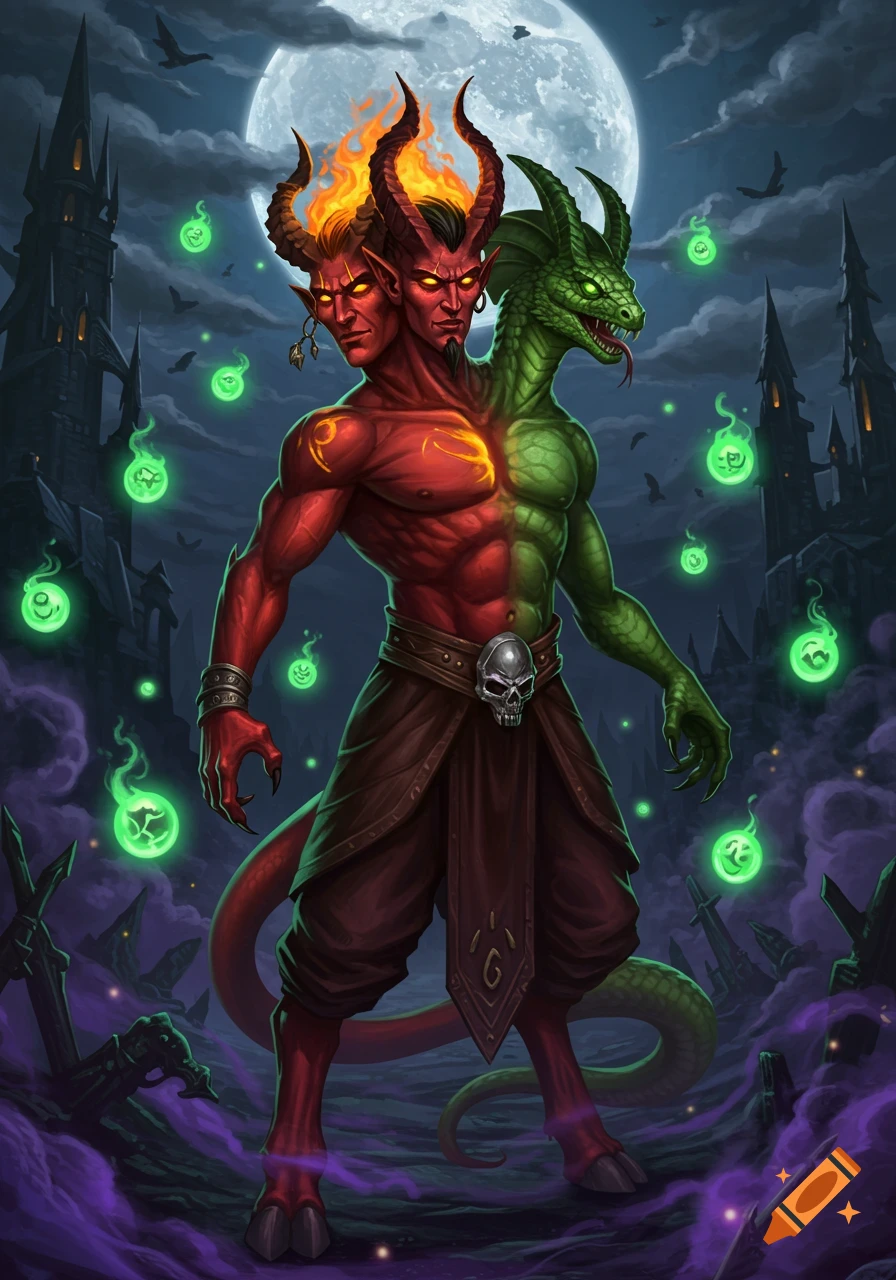 A two-headed red demon with horns and a green snake head, standing in a dark, mystical landscape with castles and glowing green orbs under a full moon.