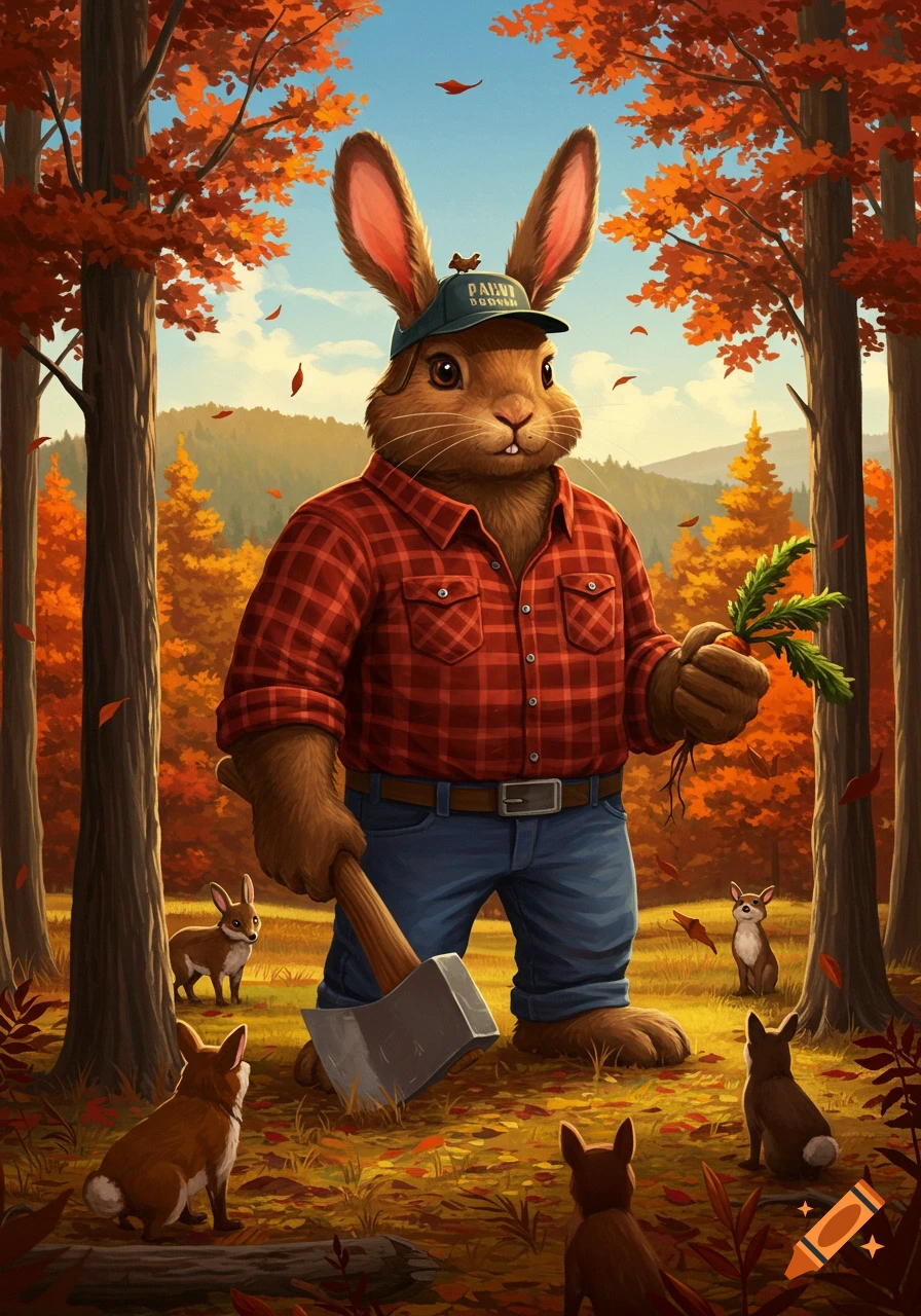 An anthropomorphic bunny in a red plaid shirt and blue jeans, holding an axe and carrots, stands in an autumn forest with smaller animals.