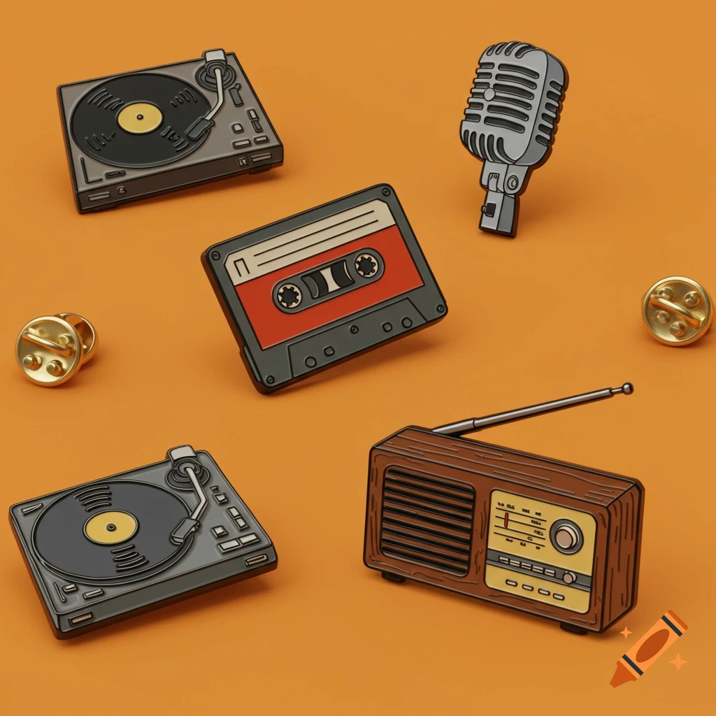 A collection of retro audio enamel pins, including turntables, a cassette tape, a microphone, and a radio, on an orange background.