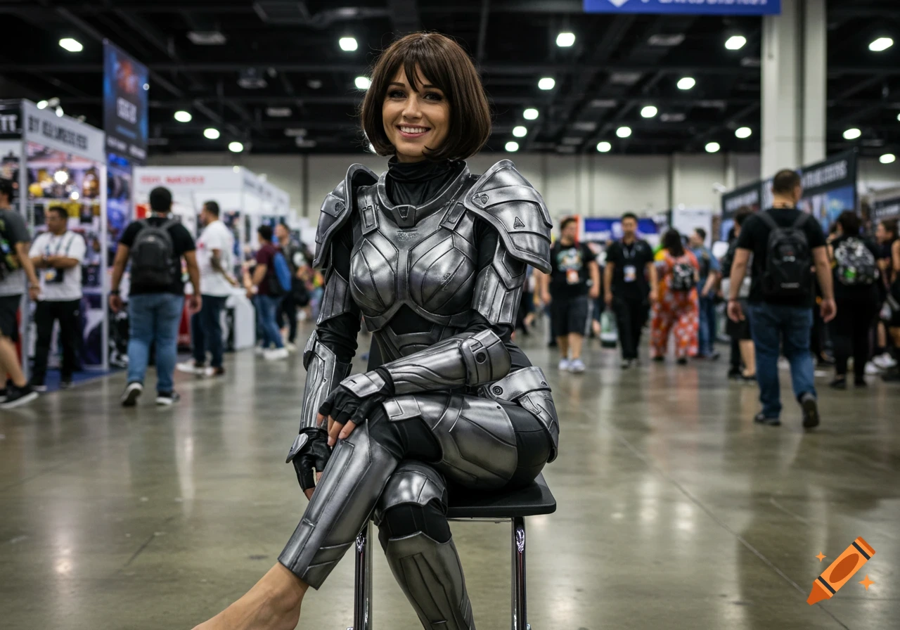 A smiling woman with a bob haircut sits on a stool, modeling her chrome sci-fi armor on a busy convention floor.