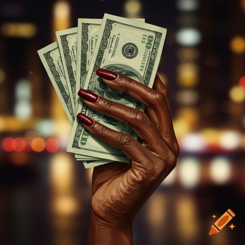 A dark-skinned hand with long red nails holds a fan of US 100 dollar bills against a blurred city lights background in a stylized illustration.